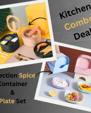 Combo Deal - 4 Section Spice Container Box & Multi-function Spit Bone 10 Plate Set Kitchen Storage Organizer (Random color)
