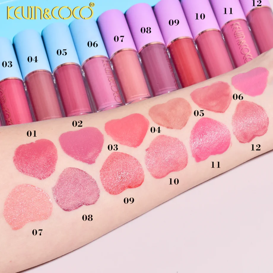 Set 12 Lip Gloss Kevin&Coco, nuante de rosu si rose, cutie dreptunghiulara, 26.5x16.5x2.2 cm, 200 g, multicolor