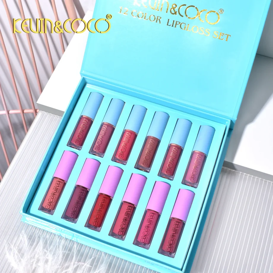 Set 12 Lip Gloss Kevin&Coco, nuante de rosu si rose, cutie dreptunghiulara, 26.5x16.5x2.2 cm, 200 g, multicolor