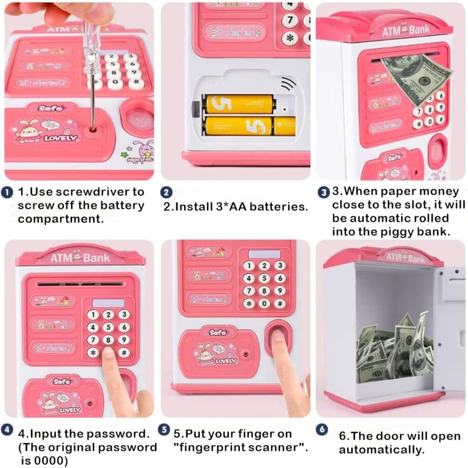 Piggy Bank Atm Children saving money box with password and fingerprint (random color)