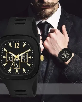 Stylish Black Silicone Strap Watch for Men with Square Dial