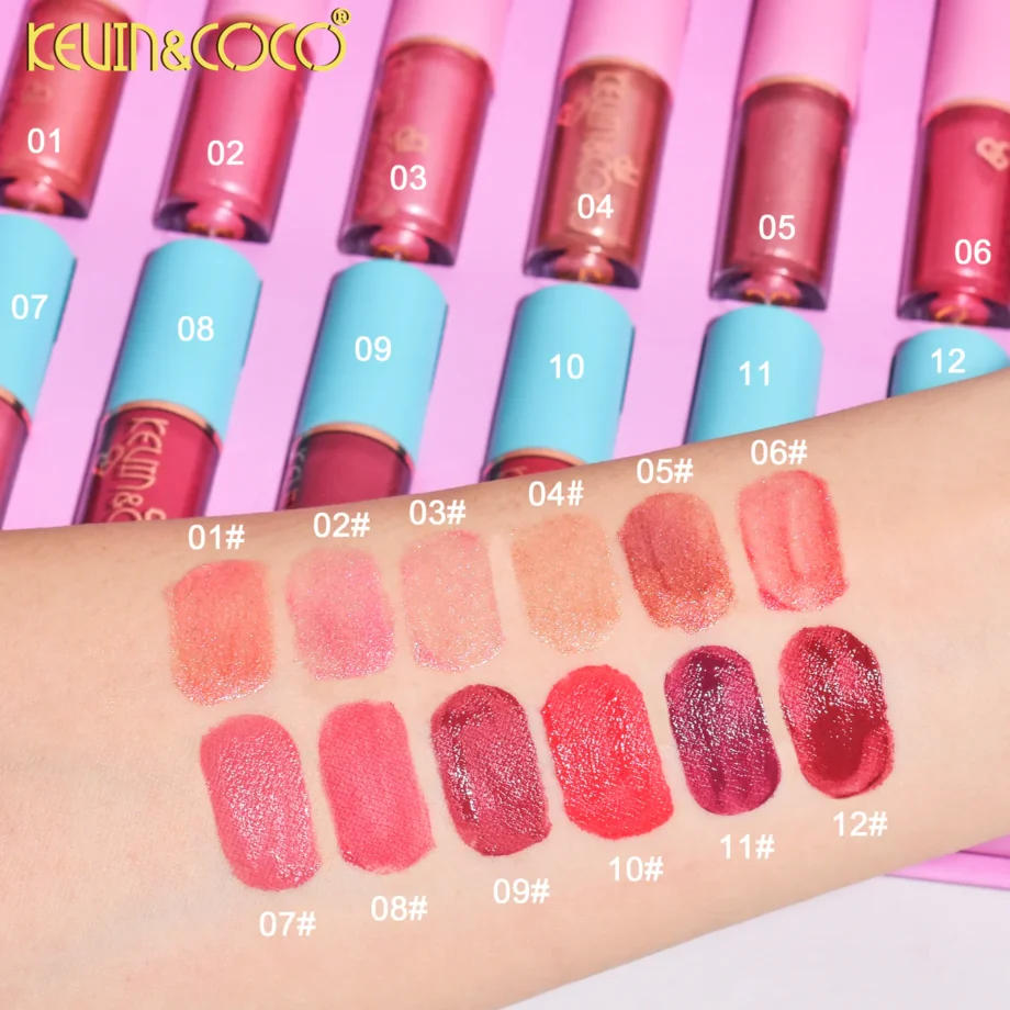 Set 12 Lip Gloss Kevin&Coco, nuante de rosu si rose, cutie dreptunghiulara, 26.5x16.5x2.2 cm, 200 g, multicolor