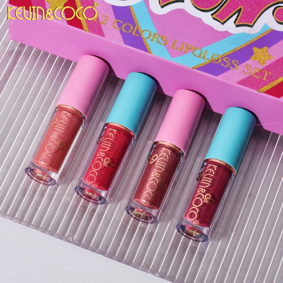 Set 12 Lip Gloss Kevin&Coco, nuante de rosu si rose, cutie dreptunghiulara, 26.5x16.5x2.2 cm, 200 g, multicolor