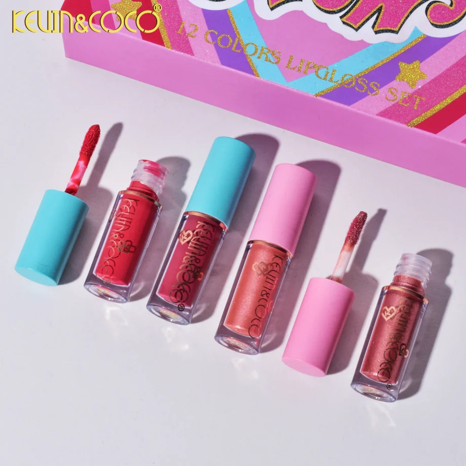 Set 12 Lip Gloss Kevin&Coco, nuante de rosu si rose, cutie dreptunghiulara, 26.5x16.5x2.2 cm, 200 g, multicolor