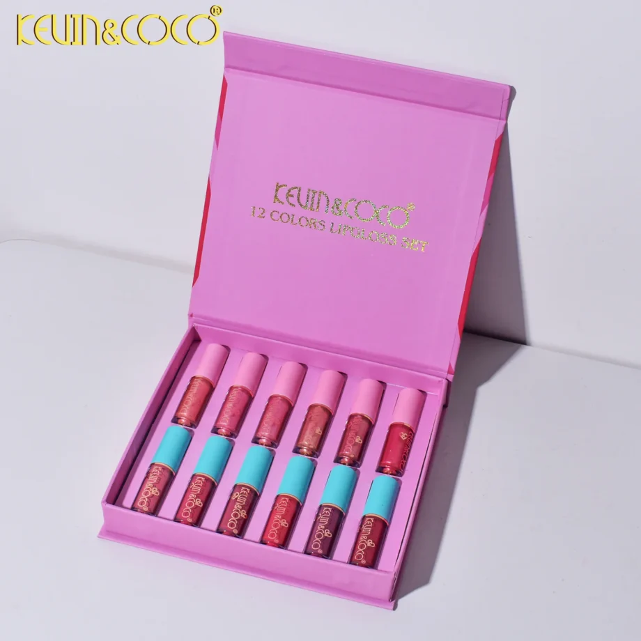 Set 12 Lip Gloss Kevin&Coco, nuante de rosu si rose, cutie dreptunghiulara, 26.5x16.5x2.2 cm, 200 g, multicolor