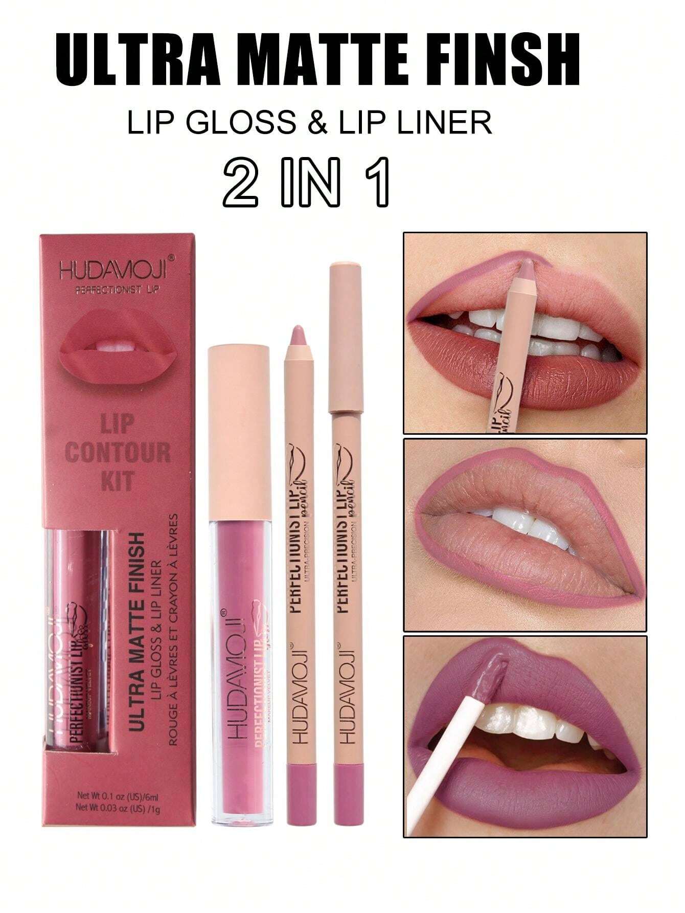 HUDAMOJI Ultra Matte Finish Lip Gloss And Lip Liner Lip Contour Set
