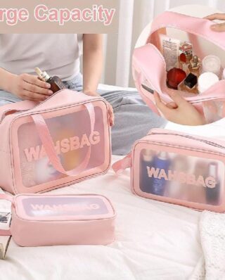 ( 3pcs) Washbag Makeup Bag Wear-resistant Large Capacity Portable Cosmetic Makeup Pouch (pink color)