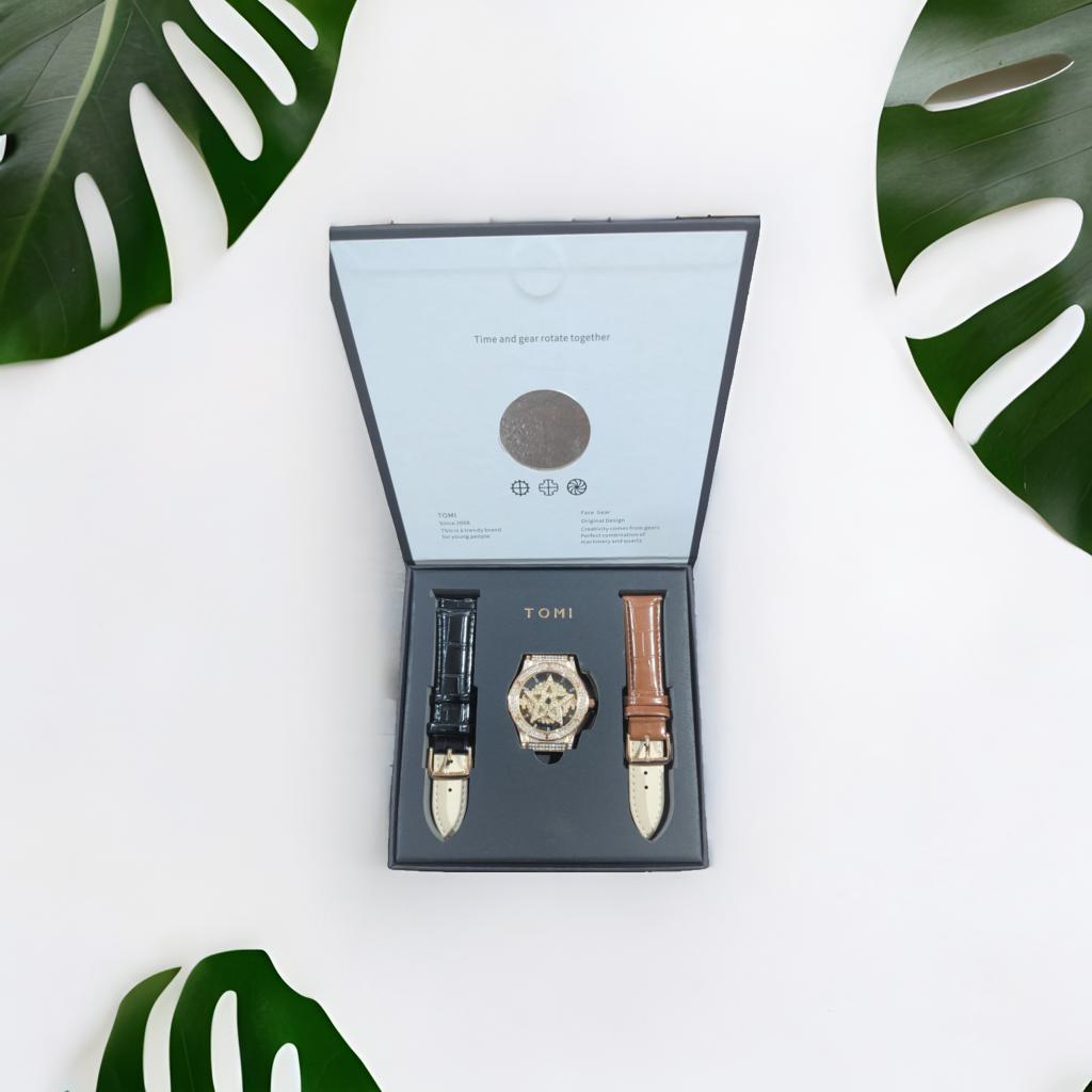 TOMI Face Gear Dual leather Strap Luxury Watch