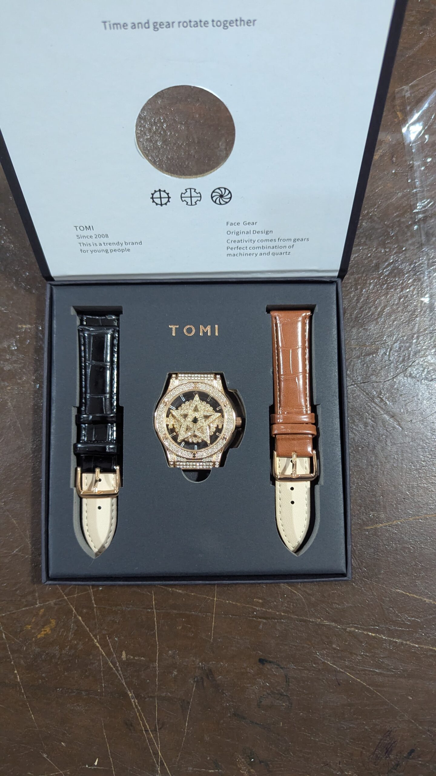 TOMI Face Gear Dual leather Strap Luxury Watch