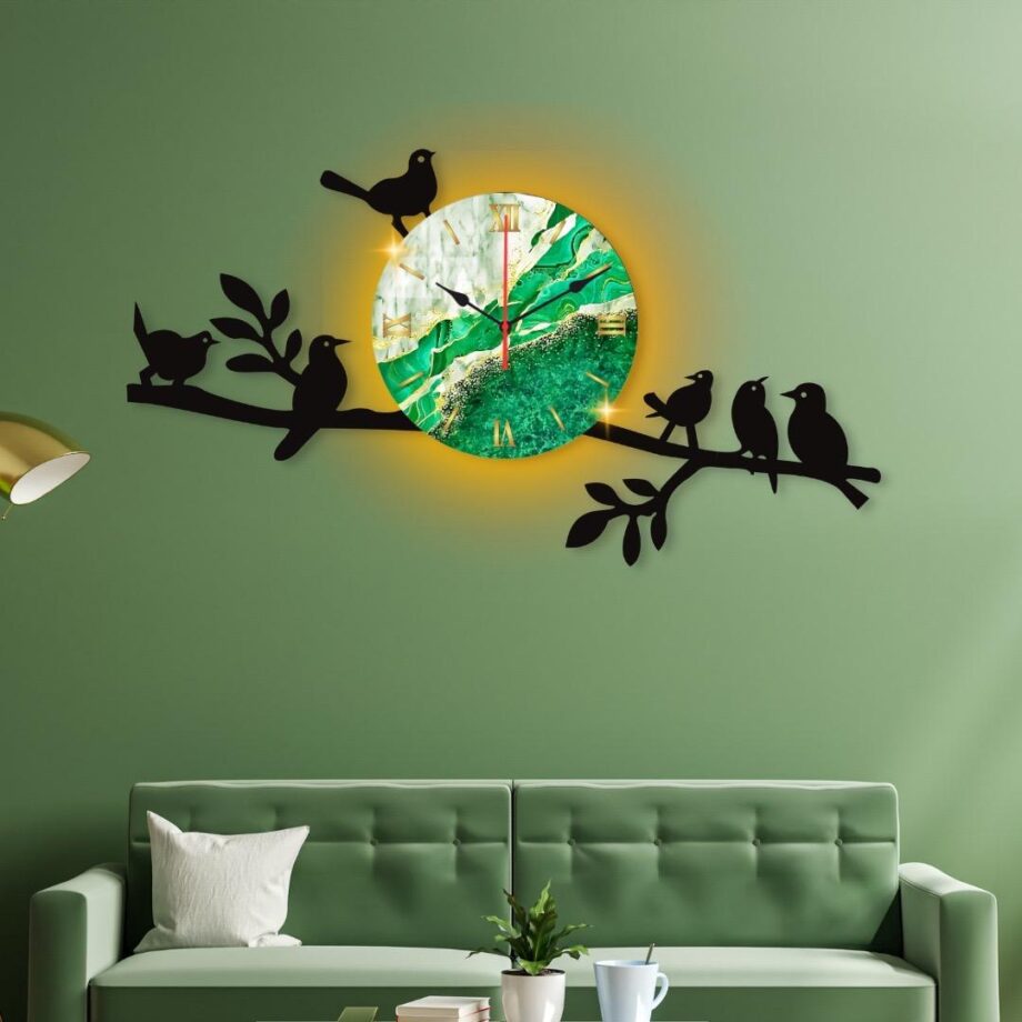 Bird on Tree with Coffee Cup Wooden Wall Clock for Home and Offices