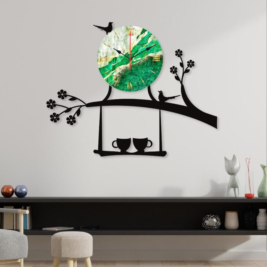 Bird on Tree with Coffee Cup Wooden Wall Clock for Home and Offices