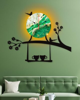 Bird on Tree with Coffee Cup Wooden Wall Clock for Home and Offices