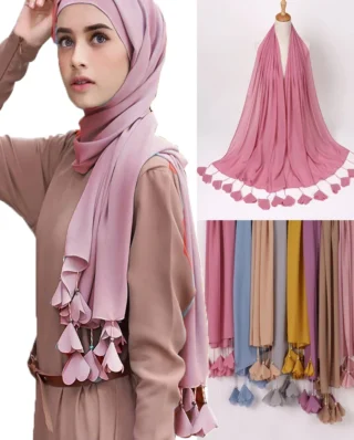 Fashion New Women Chiffon Bubble Scarf Solid Color Hijab Muslim Peals Long Tassel Love Flower Designer