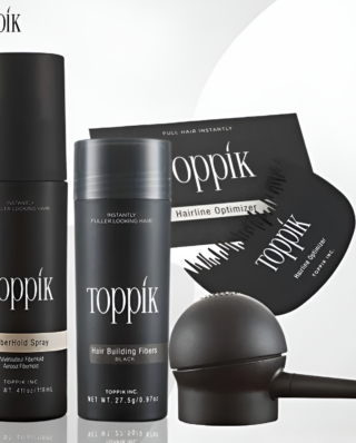 Toppik Hair Building Fiber 4-in-1 Combo Pack. This set includes Toppik Hair Fiber, Fiber Hold Spray, a Spray Applicator Pump, and a Hairline Optimizer Comb