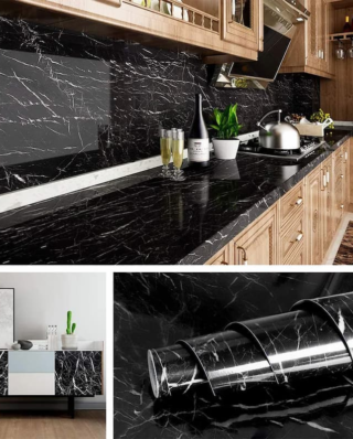 Self-Adhesive Kitchen Marble Sheet- Waterproof Heat Resistant Sheet for Living Room, Bathroom, Kitchen Counter tops Black Sheet
